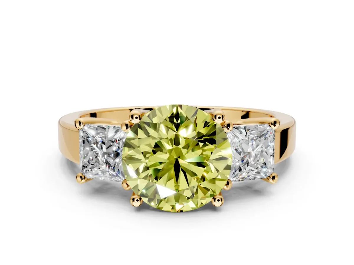 3 Stone Engagement Ring Setting for Fancy Yellow Round Cut Center with Matching Side Accents and Prong Head in Yellow Gold