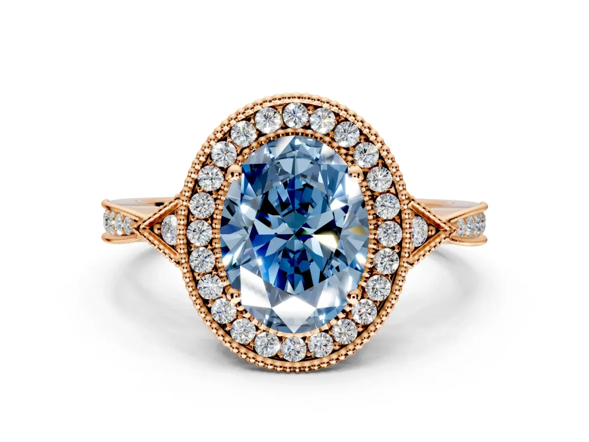 Halo Engagement Ring Setting for Fancy Blue Oval Center with Milgrain Rim, Pave Band and Prong Head in Rose Gold