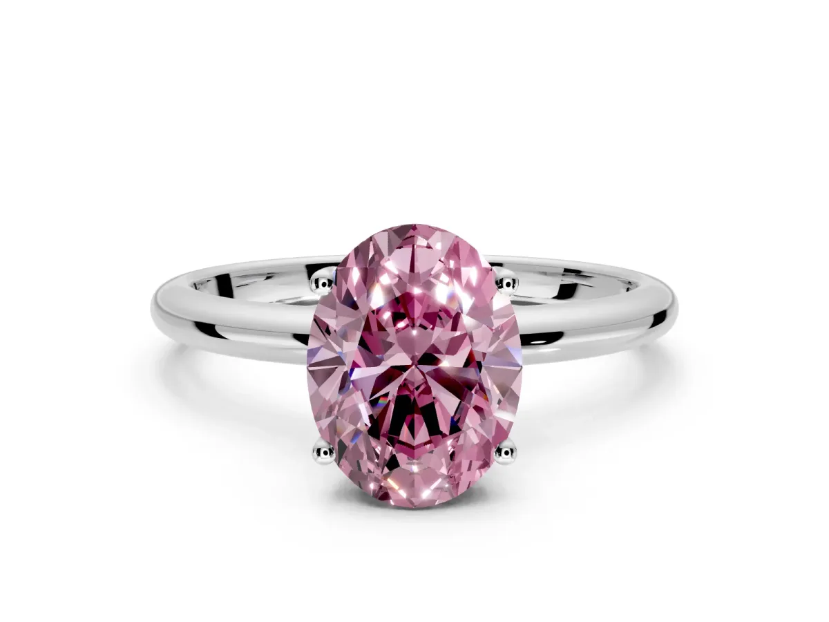 Hidden Halo Engagement Ring Setting for Fancy Pink Oval Center with Thin Round-Wire Band and Prong Head in Platinum