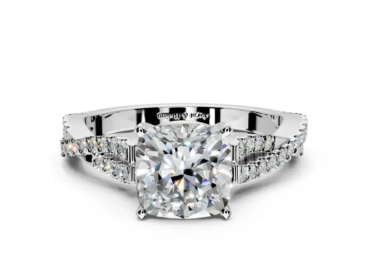 Solitaire Engagement Ring Setting for Cushion Cut Center with Twisted Pave Split Shank and Prong Head in Sterling Silver