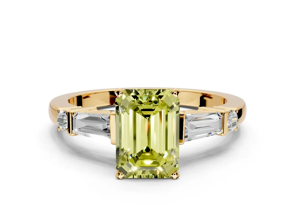 Bar-Set Engagement Ring Setting for Fancy Yellow Emerald Cut Center with Tapered Baguette Accents and Prong Head in Yellow Gold