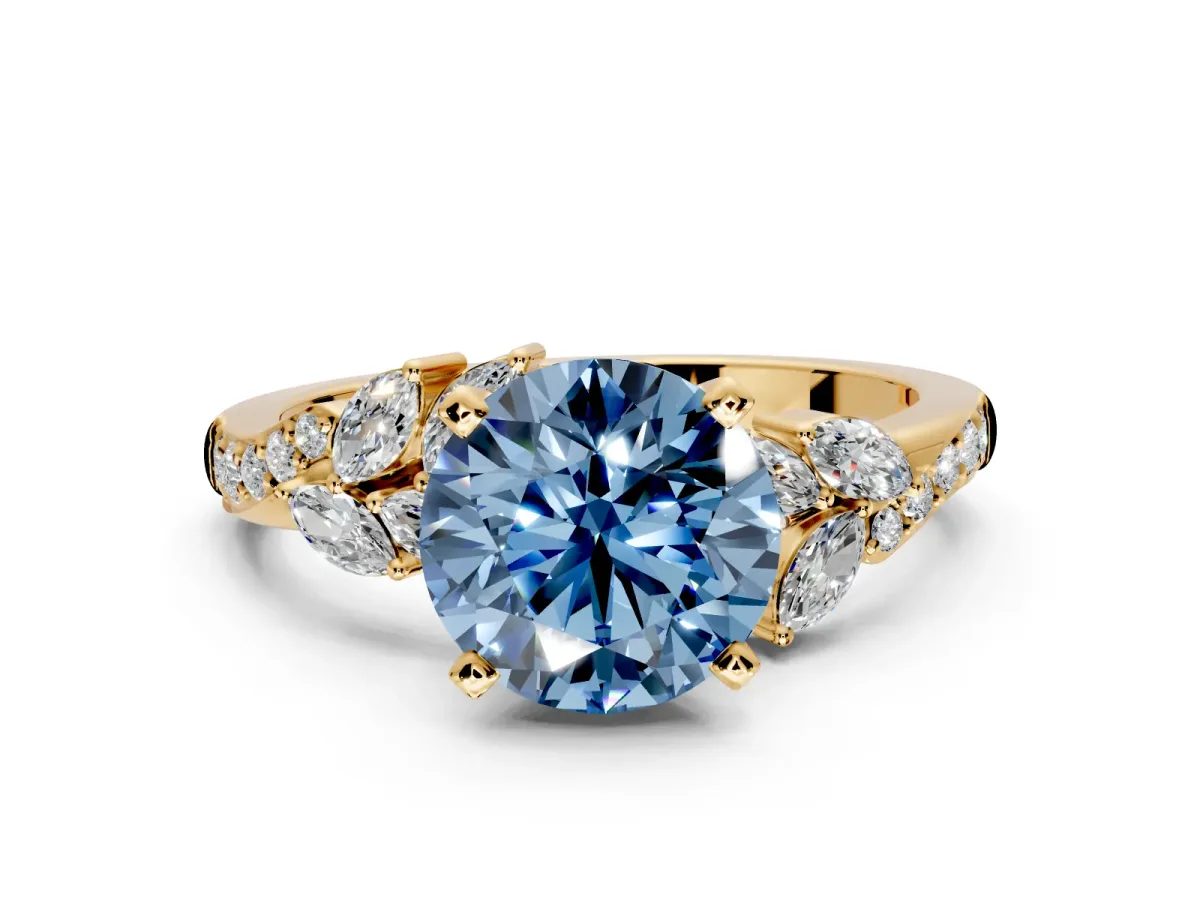 Solitaire Engagement Ring Setting for Fancy Blue Round Cut Center with Marquise Accent Twist Band and Prong Head in Yellow Gold