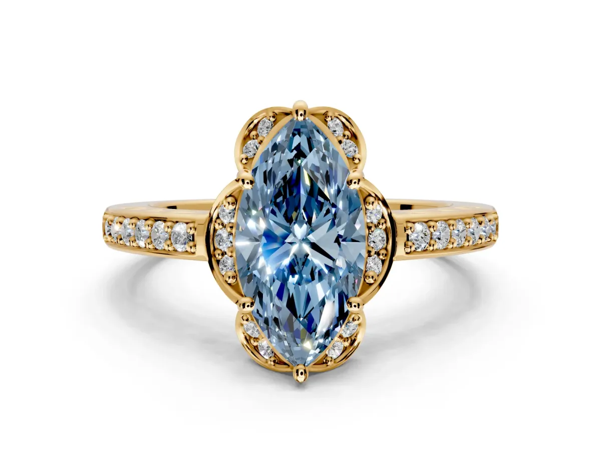 Floral Engagement Ring Setting for Fancy Blue Marquise Center with Four Accent Clusters and Prong Head in Yellow Gold