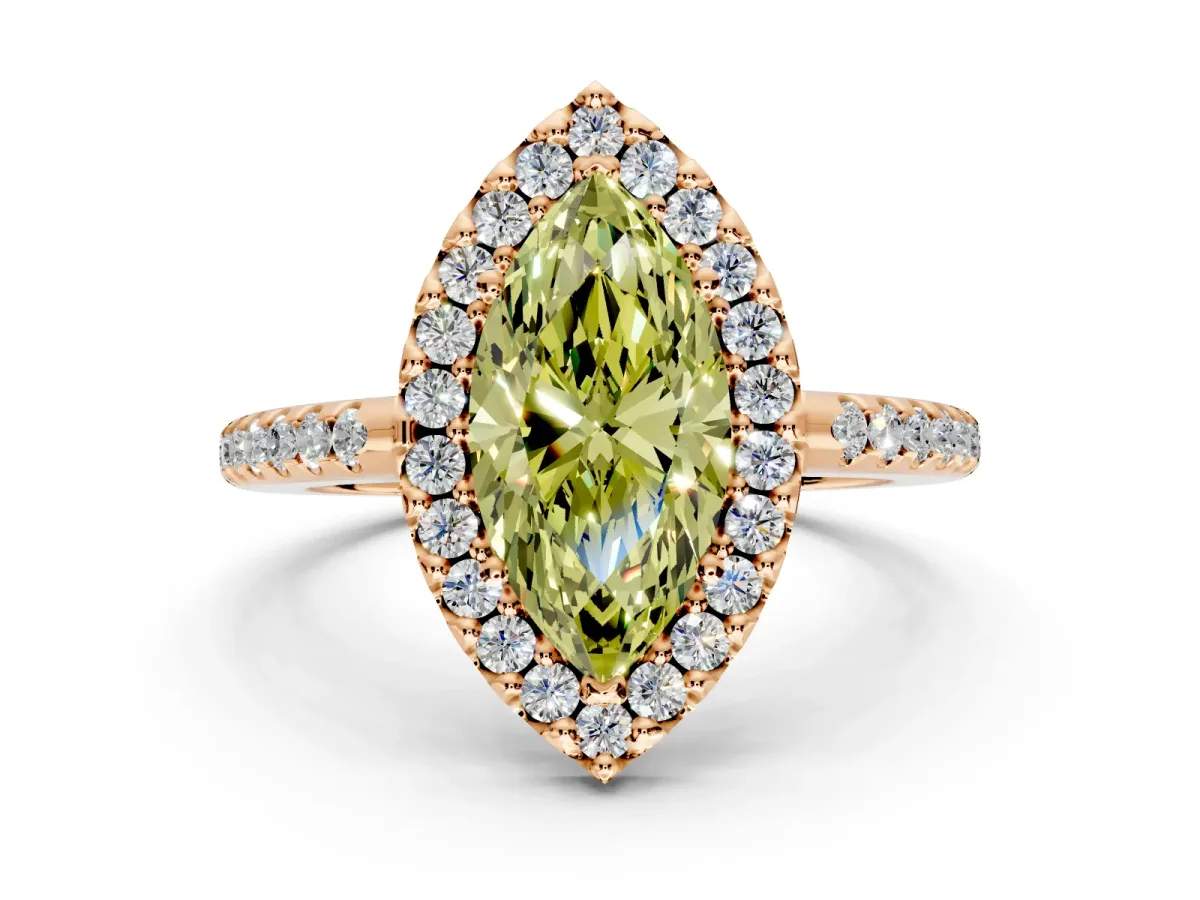 Pave Halo Engagement Ring Setting for Fancy Yellow Marquise Center with Single Row Pave Band and Prong Head in Rose Gold