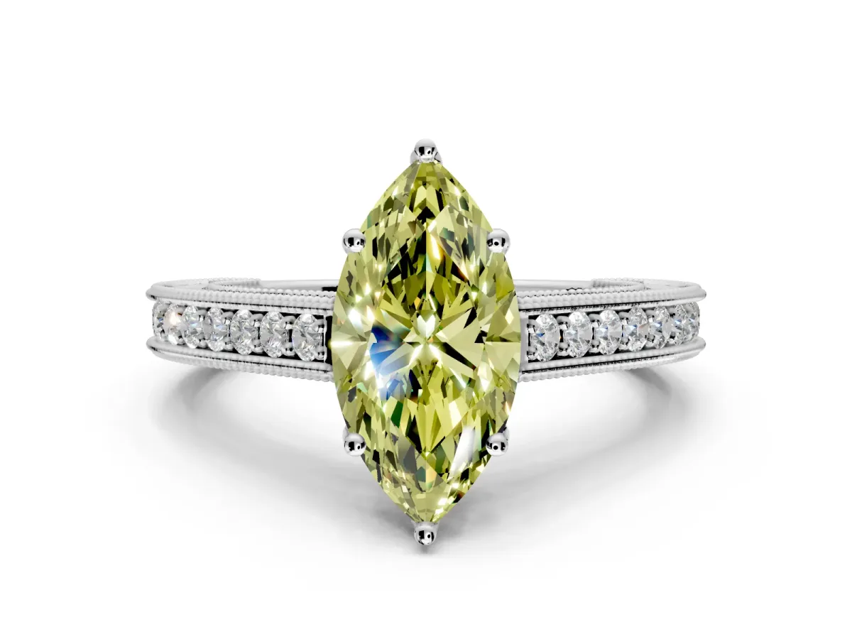 Solitaire Engagement Ring Setting for Fancy Yellow Marquise Center with Engraved Pave Band and Prong Head in Platinum