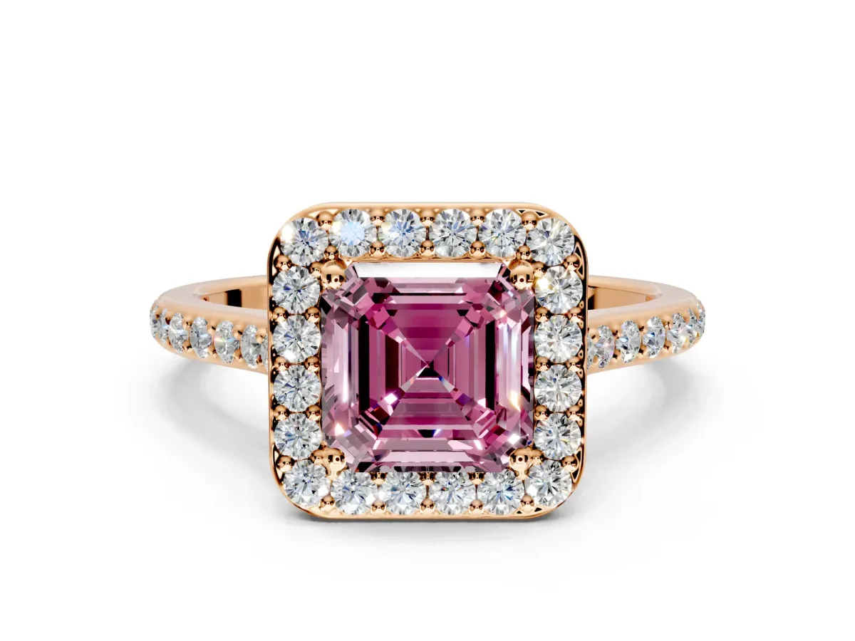 Halo Engagement Ring Setting for Fancy Pink Asscher Cut Center with Pave Accents, Heart Basket and Prong Head in Rose Gold