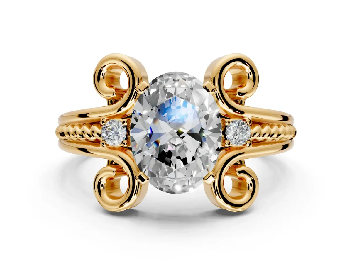 Solitaire Engagement Ring Setting for Oval Center with Twisted Band and Scroll Prong Head in Yellow Gold