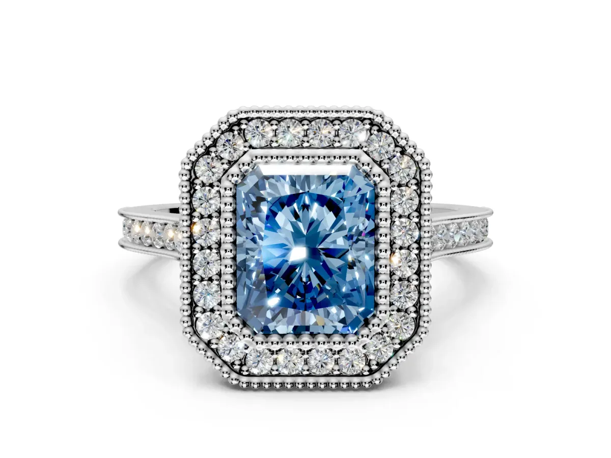 Halo Engagement Ring Setting for Fancy Blue Radiant Cut Center with Milgrain Frame, Pave Band and Prong Head in Sterling Silver