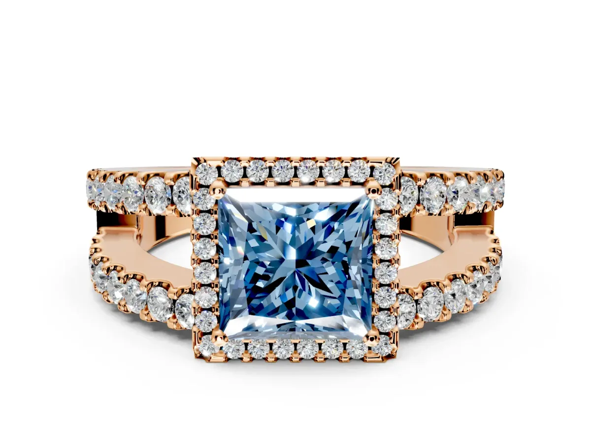 Halo Engagement Ring Setting for Fancy Blue Princess Cut Center with Wide-Open Pave Split Shank and Prong Head in Rose Gold