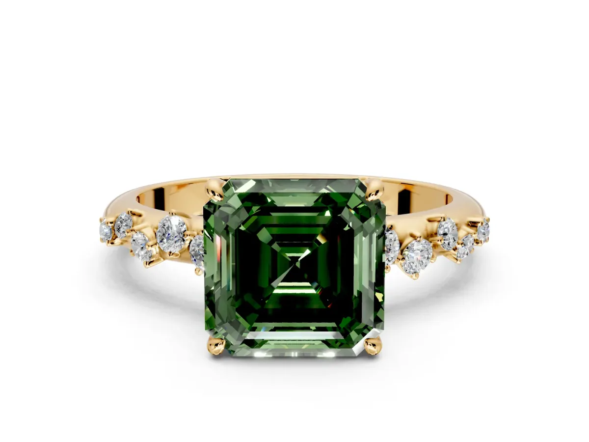 Cluster Engagement Ring Setting for Fancy Green Asscher Cut Center with Round Cut Accent Band and Prong Head in Yellow Gold