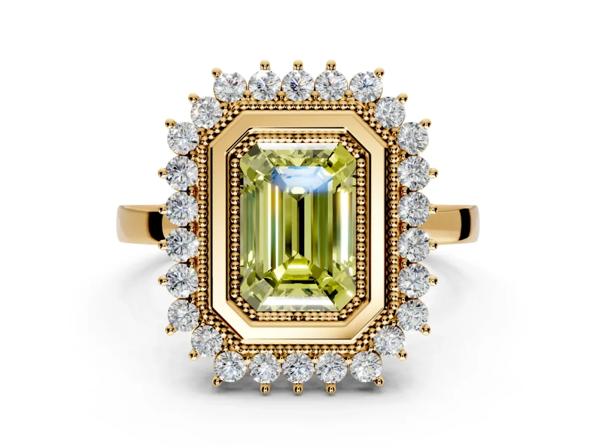 Halo Engagement Ring Setting for Fancy Yellow Emerald Cut Center with Milgrain Bezel Rim, Plain Band and Prong Head in Yellow Gold