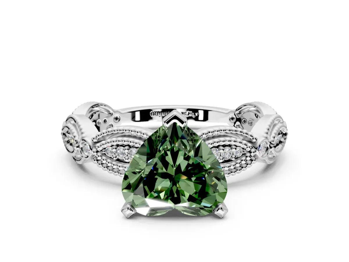 Solitaire Engagement Ring Setting for Fancy Green Heart-Shaped Center with Marquise Panel Band and Prong Head in Sterling Silver