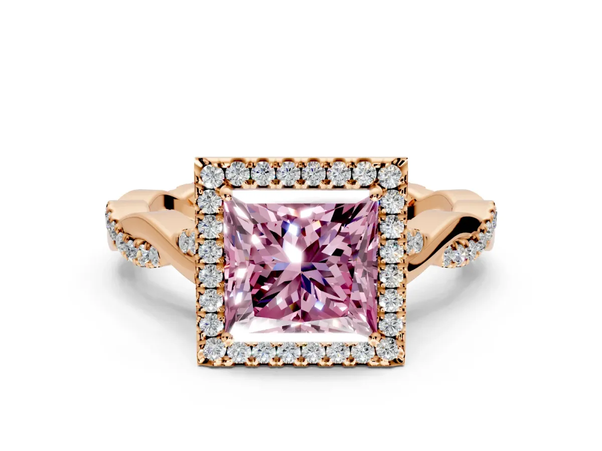 Halo Engagement Ring Setting for Fancy Pink Princess Cut Center with Twist Band and Prong Head in Rose Gold