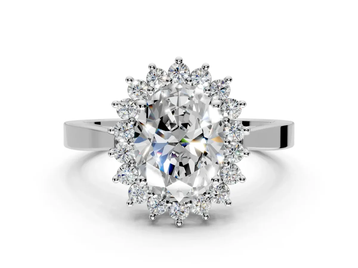 Starburst Halo Engagement Ring Setting for Oval Center with Flat Cathedral Band and Prong Head in White Gold