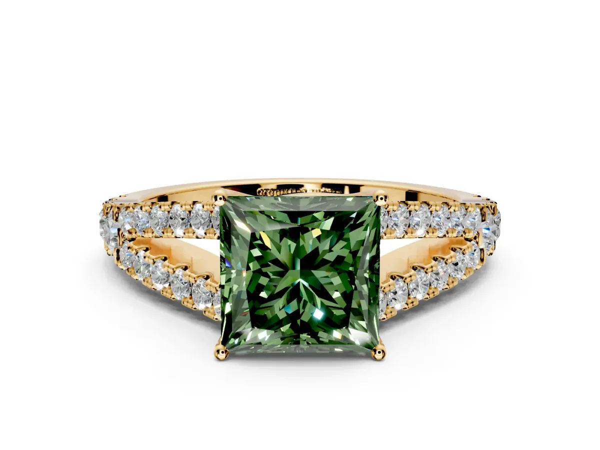 Solitaire Engagement Ring Setting for Fancy Green Princess Cut Center with Pave Split Shank and Prong Head in Yellow Gold