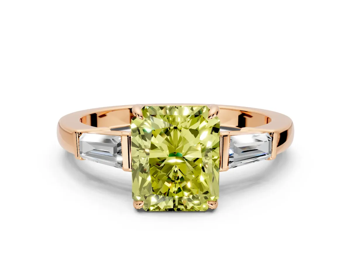3 Stone Engagement Ring Setting for Fancy Yellow Radiant Cut Center with Baguette Accents and Prong Head in Rose Gold