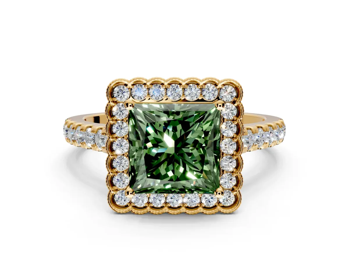 Milgrain Floral Halo Engagement Ring Setting for Fancy Green Princess Cut Center with Pave Band and Prong Head in Yellow Gold
