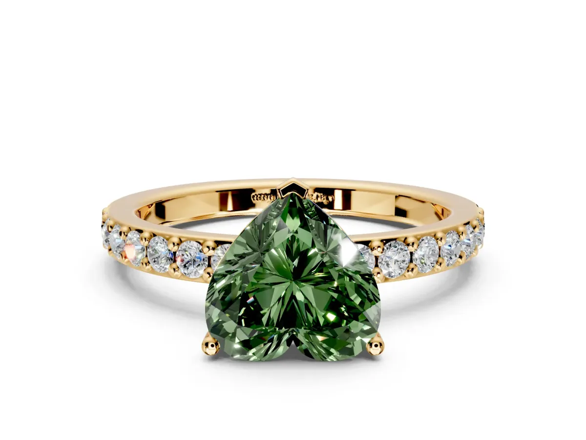 Solitaire Engagement Ring Setting for Fancy Green Heart-Shaped Center with Round Cut Pave Band and Prong Head in Yellow Gold
