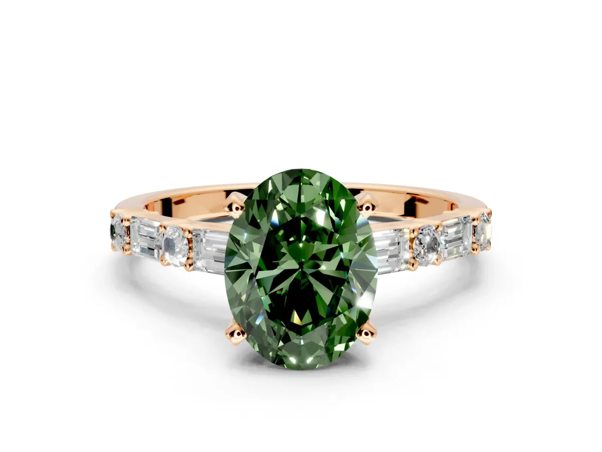 Baguette Engagement Ring Setting for Fancy Green Oval Center with Alternating Bar-Set Band and Prong Head in Rose Gold
