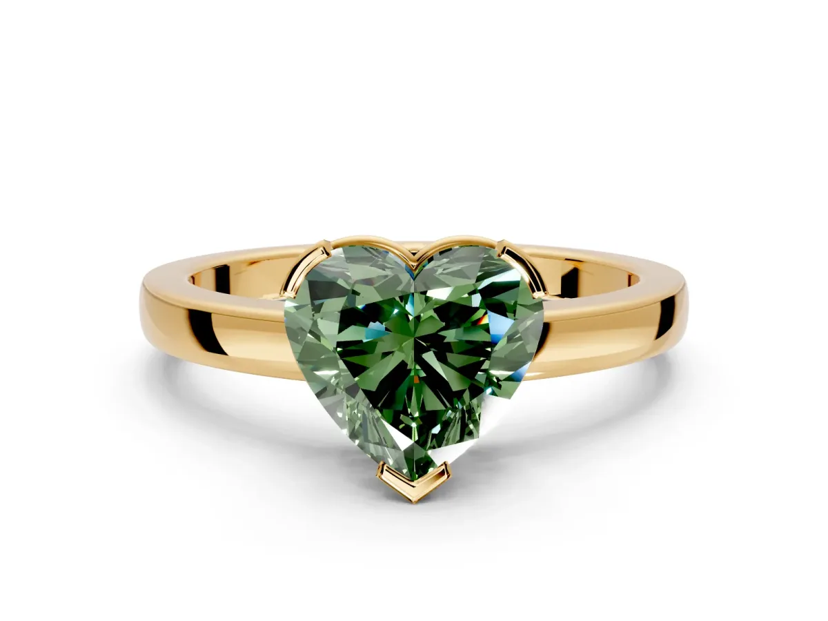 Solitaire Engagement Ring Setting for Fancy Green Heart-Shaped Center with Plain Band and Flat Tab Prong Head in Yellow Gold