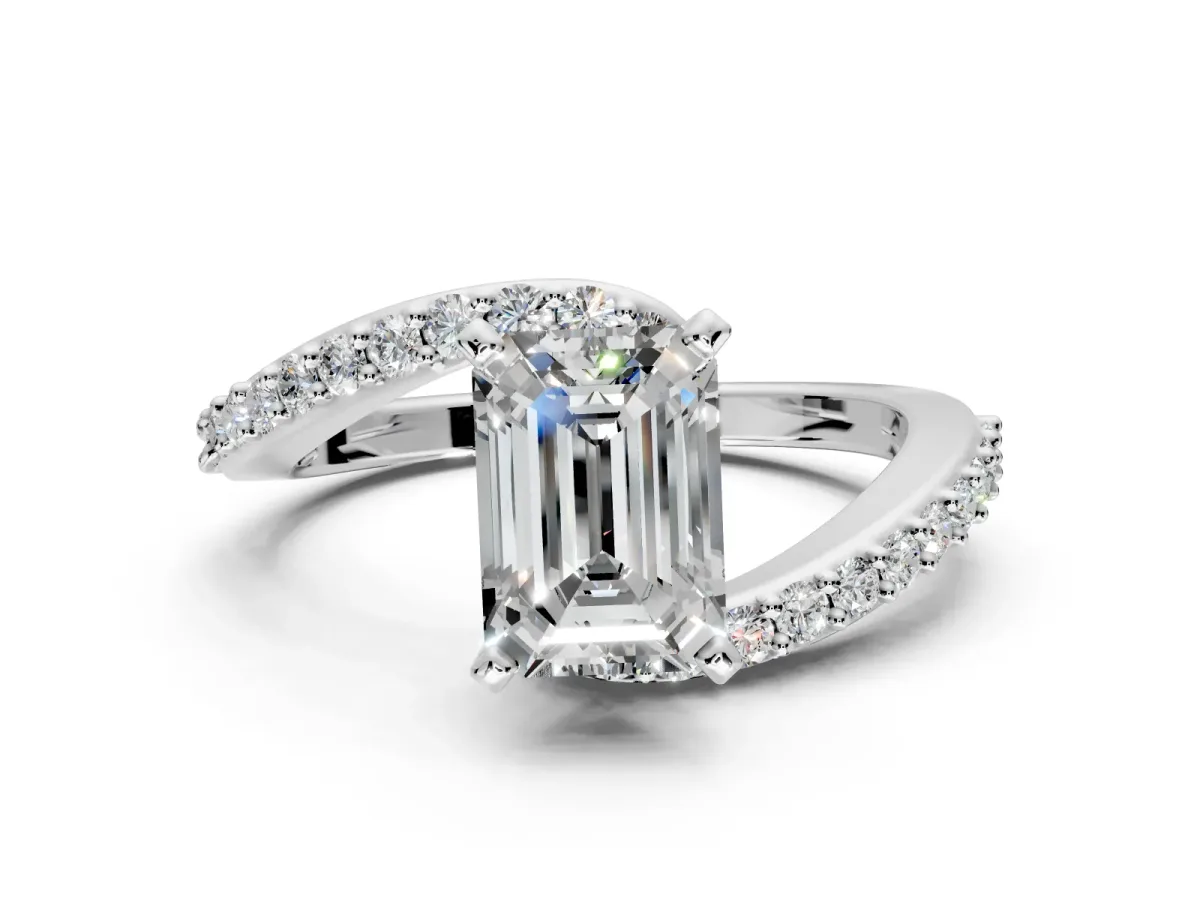 Solitaire Engagement Ring Setting for Emerald Cut Center with Pave Bypass Swirl Band and Prong Head in White Gold