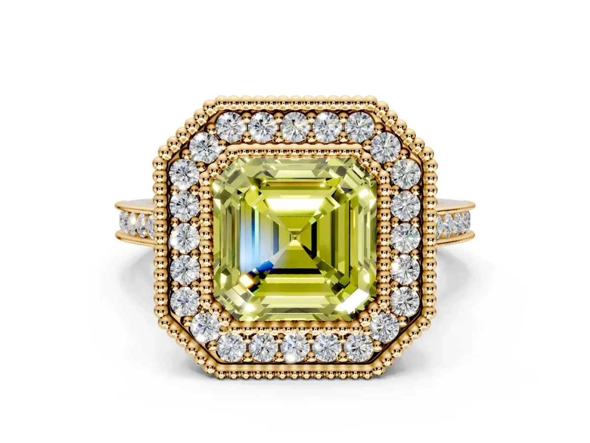 Halo Engagement Ring Setting for Fancy Yellow Asscher Cut Center with Milgrain Frame, Pave Band and Prong Head in Yellow Gold