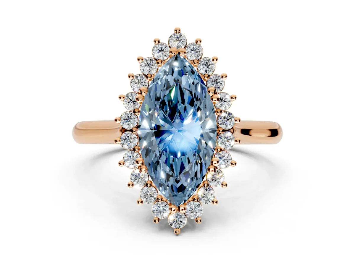 Starburst Halo Engagement Ring Setting for Fancy Blue Marquise Center with Thin Round-Wire Band and Prong Head in Rose Gold