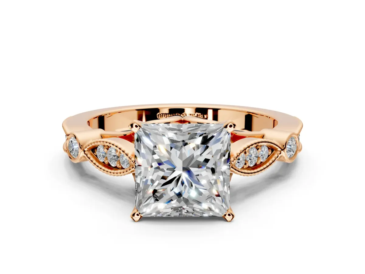 Solitaire Engagement Ring Setting for Princess Cut Center with Marquise and Bezel Accents and Prong Head in Rose Gold