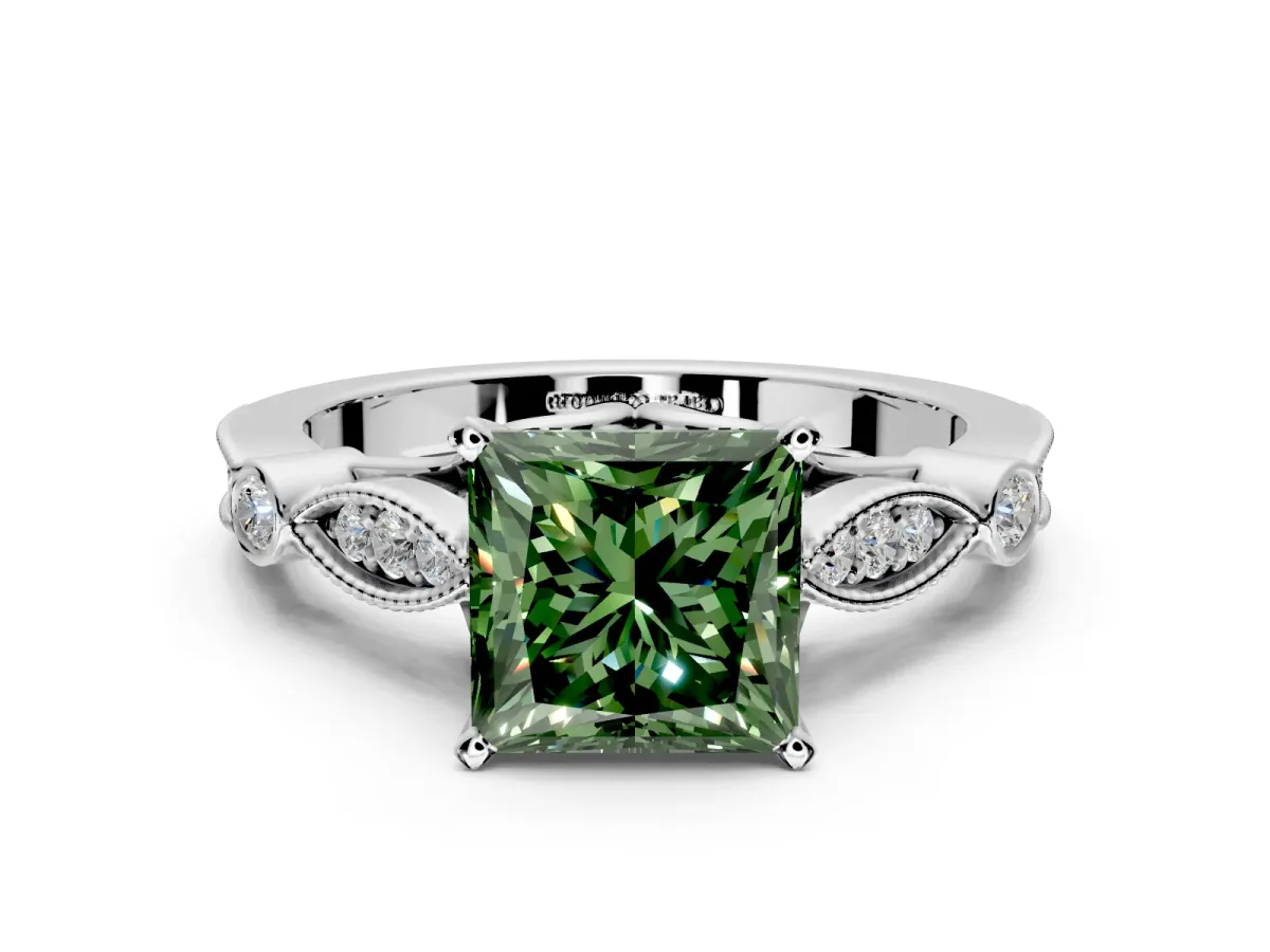 Solitaire Engagement Ring Setting for Fancy Green Princess Cut Center with Marquise and Bezel Accents and Prong Head in Platinum