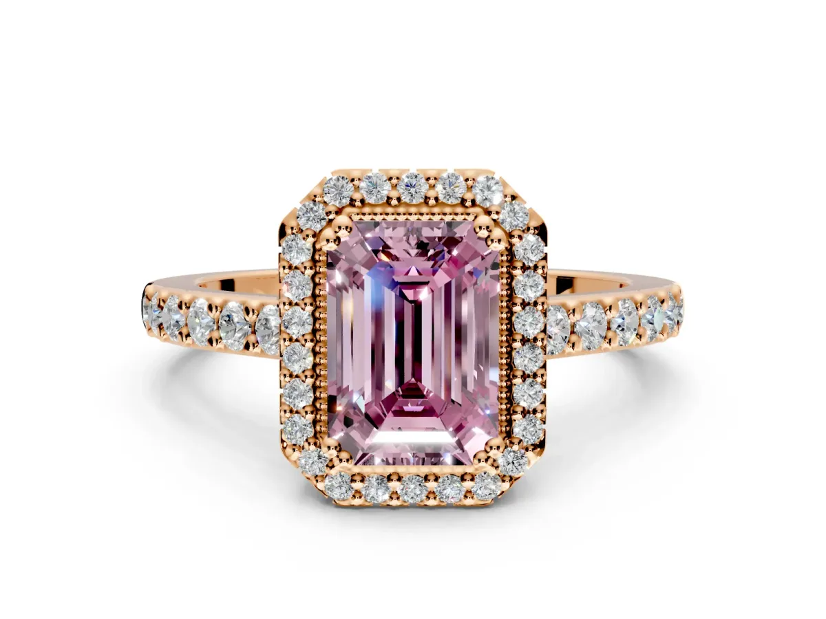 Halo Engagement Ring Setting for Fancy Pink Emerald Cut Center with Inner Milgrain Border and Prong Head in Rose Gold