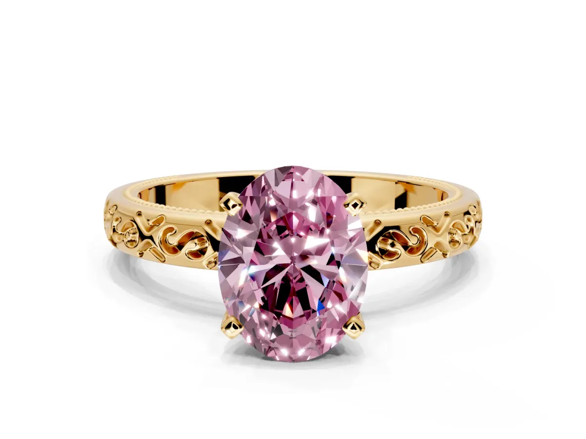 Solitaire Engagement Ring Setting for Fancy Pink Oval Center with Scrollwork Band and Prong Head in Yellow Gold