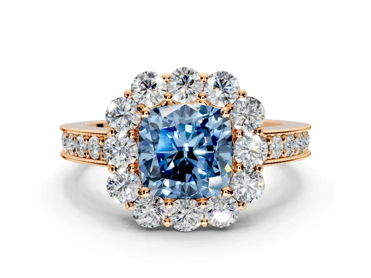 Halo Engagement Ring Setting for Fancy Blue Cushion Cut Center with Milgrain Channel Band and Prong Head in Rose Gold