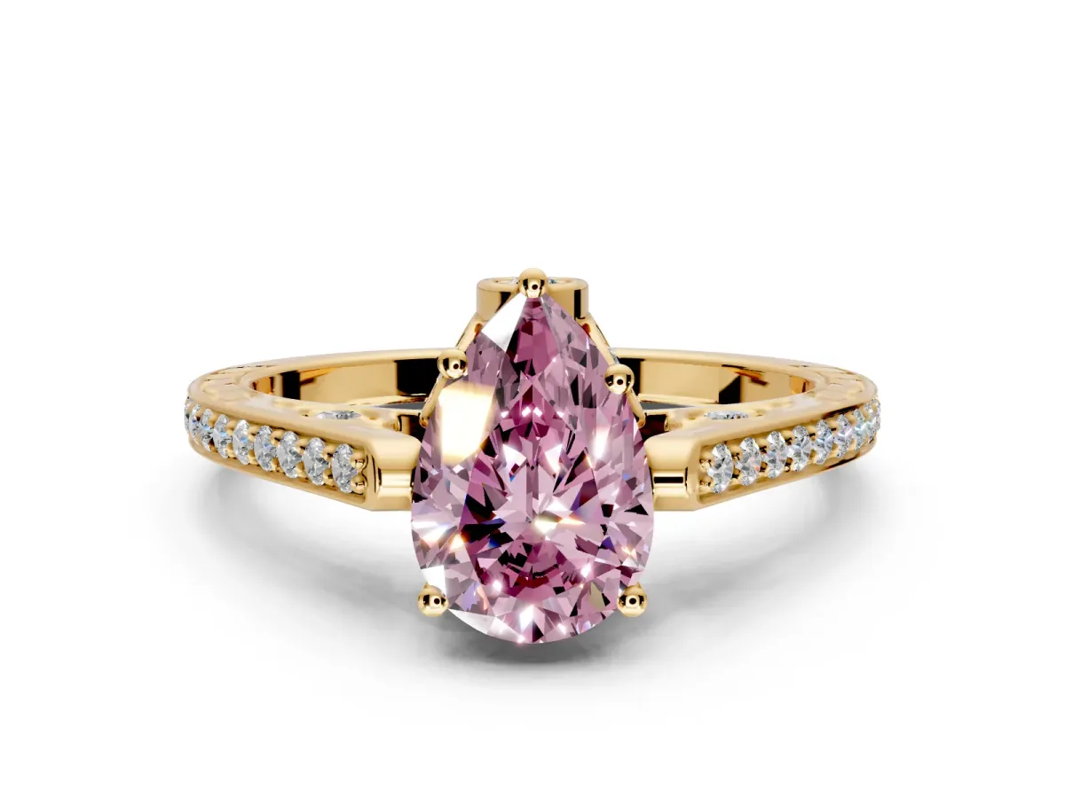 Cathedral Engagement Ring Setting for Fancy Pink Pear-Shaped Center with Antique-Style Pave Band and Prong Head in Yellow Gold