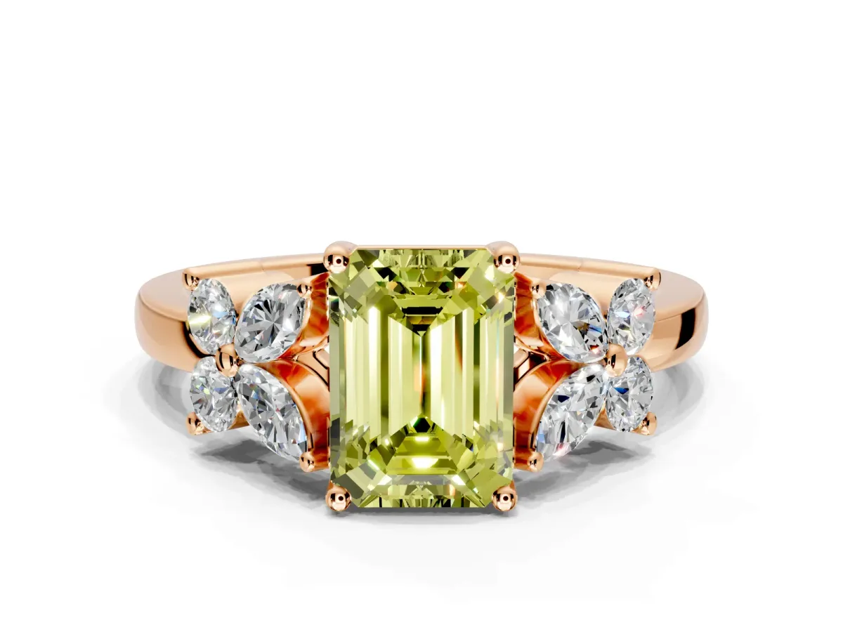 Floral Engagement Ring Setting for Fancy Yellow Emerald Cut Center with Marquise Cluster Shoulders and Prong Head in Rose Gold