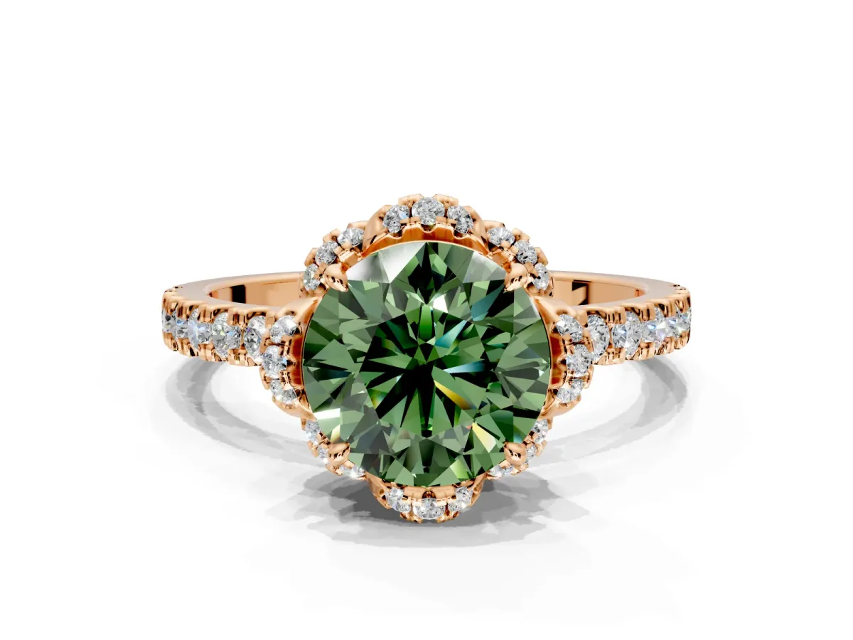 Halo Engagement Ring Setting for Fancy Green Round Cut Center with Openwork Halo, Pave Band and Prong Head in Rose Gold