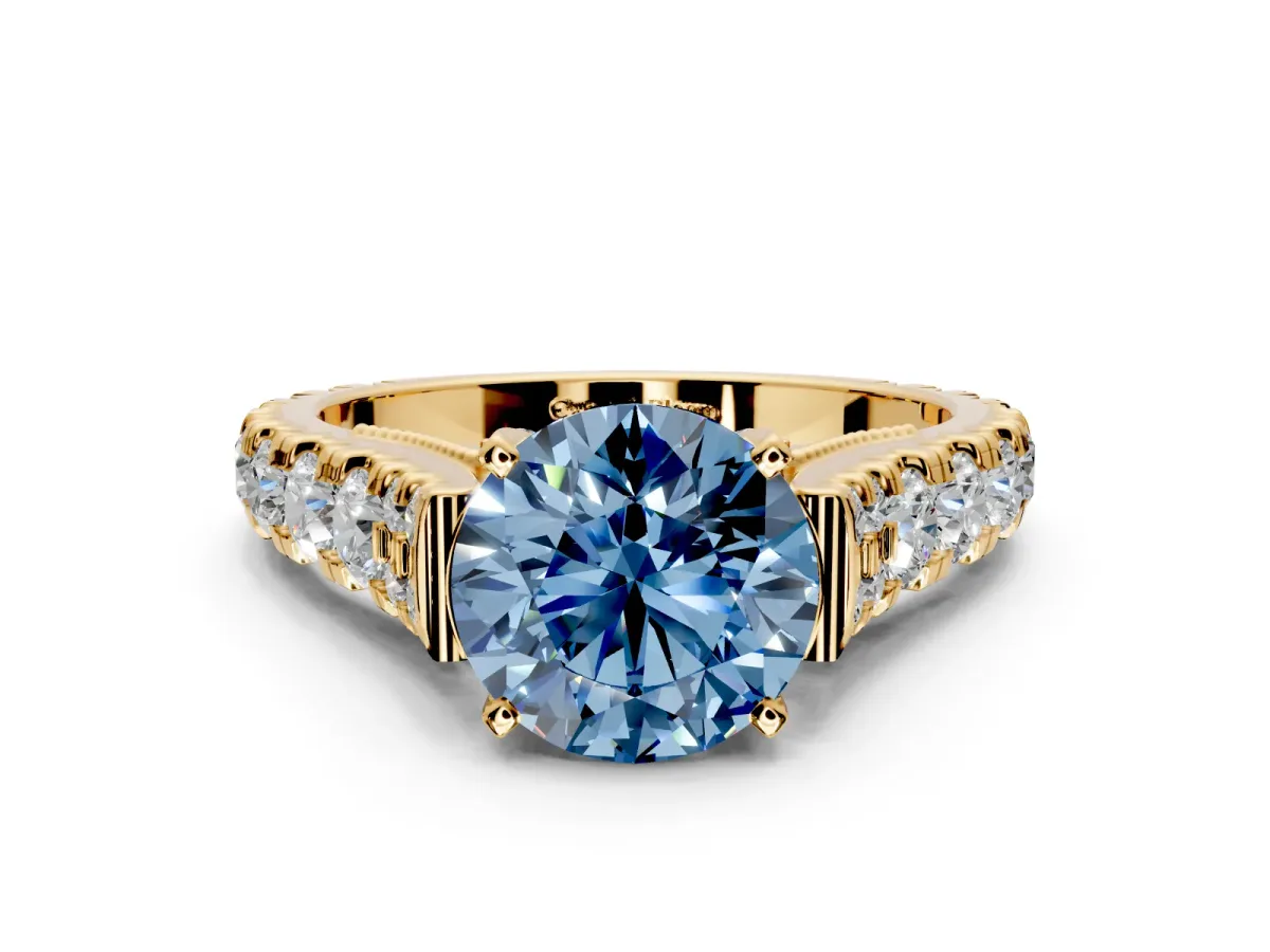 Solitaire Engagement Ring Setting for Fancy Blue Round Cut Center with Pave Cathedral Shoulders and Prong Head in Yellow Gold