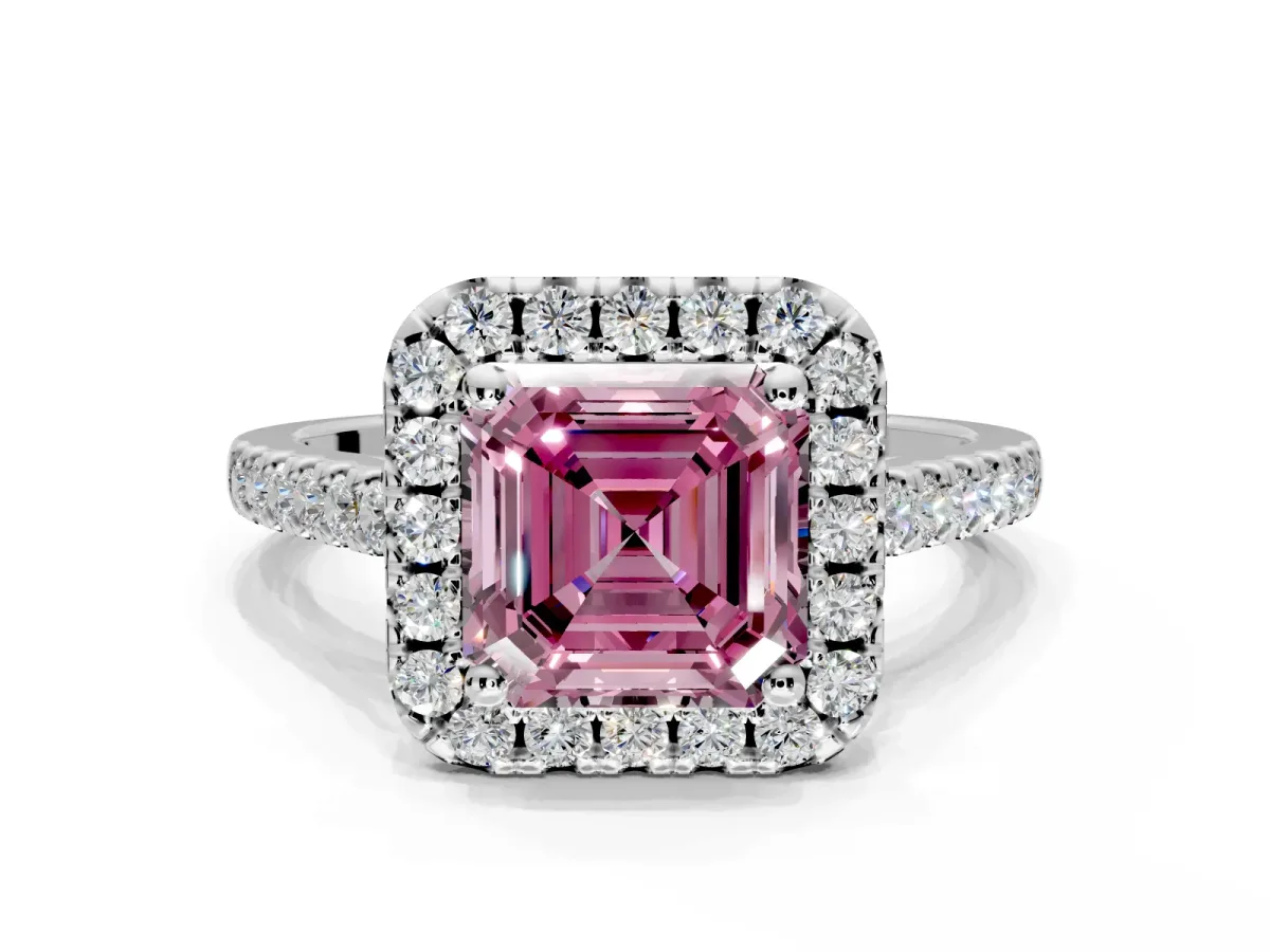 Halo Engagement Ring Setting for Fancy Pink Asscher Cut Center with Raised Halo, Pave Band and Prong Head in Platinum