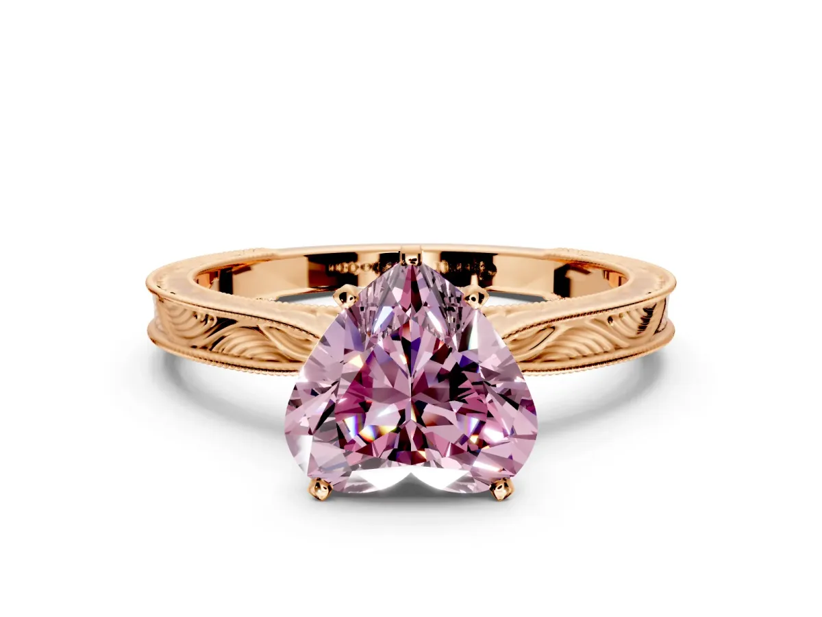 Solitaire Engagement Ring Setting for Fancy Pink Heart-Shaped Center with Engraved Milgrain Band and Prong Head in Rose Gold