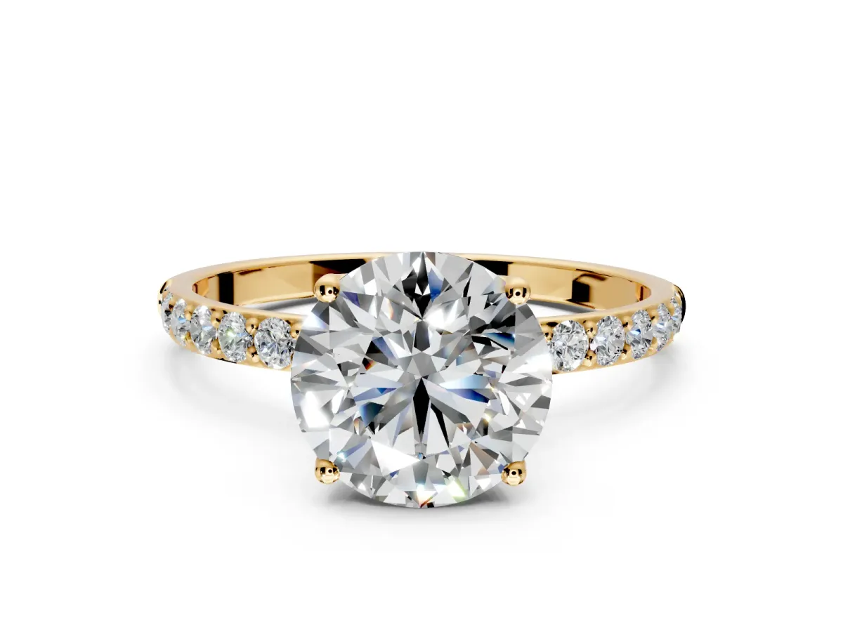Solitaire Engagement Ring Setting for Round Cut Center with Fine Pave Accents and Prong Head in Yellow Gold