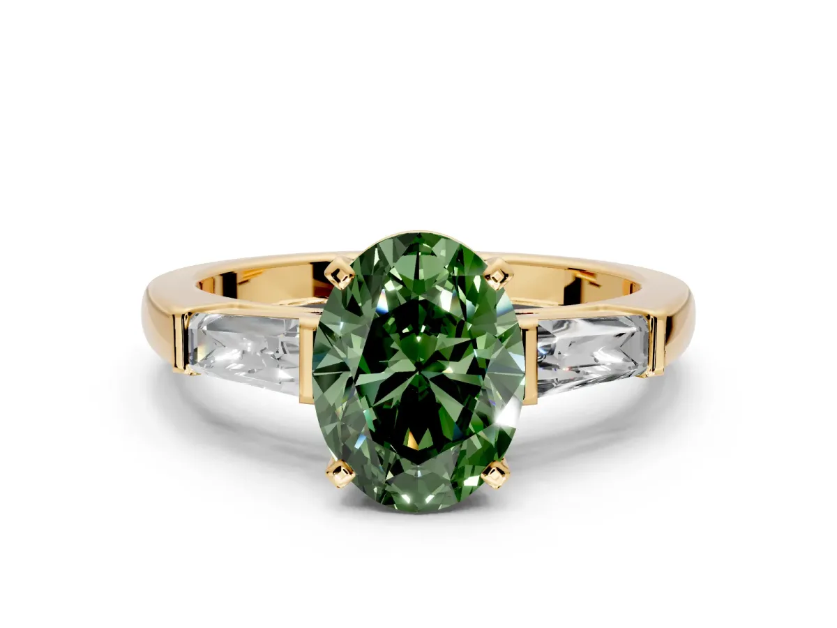 3 Stone Engagement Ring Setting for Fancy Green Oval Center with Tapered Baguettes, Plain Band and Prong Head in Yellow Gold