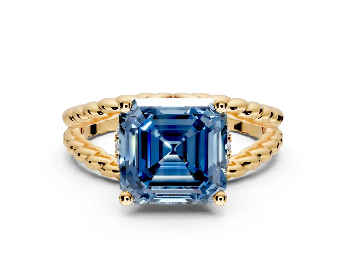 Halo Engagement Ring Setting for Fancy Blue Asscher Cut Center with Rope Twist Split Shank and Prong Head in Yellow Gold