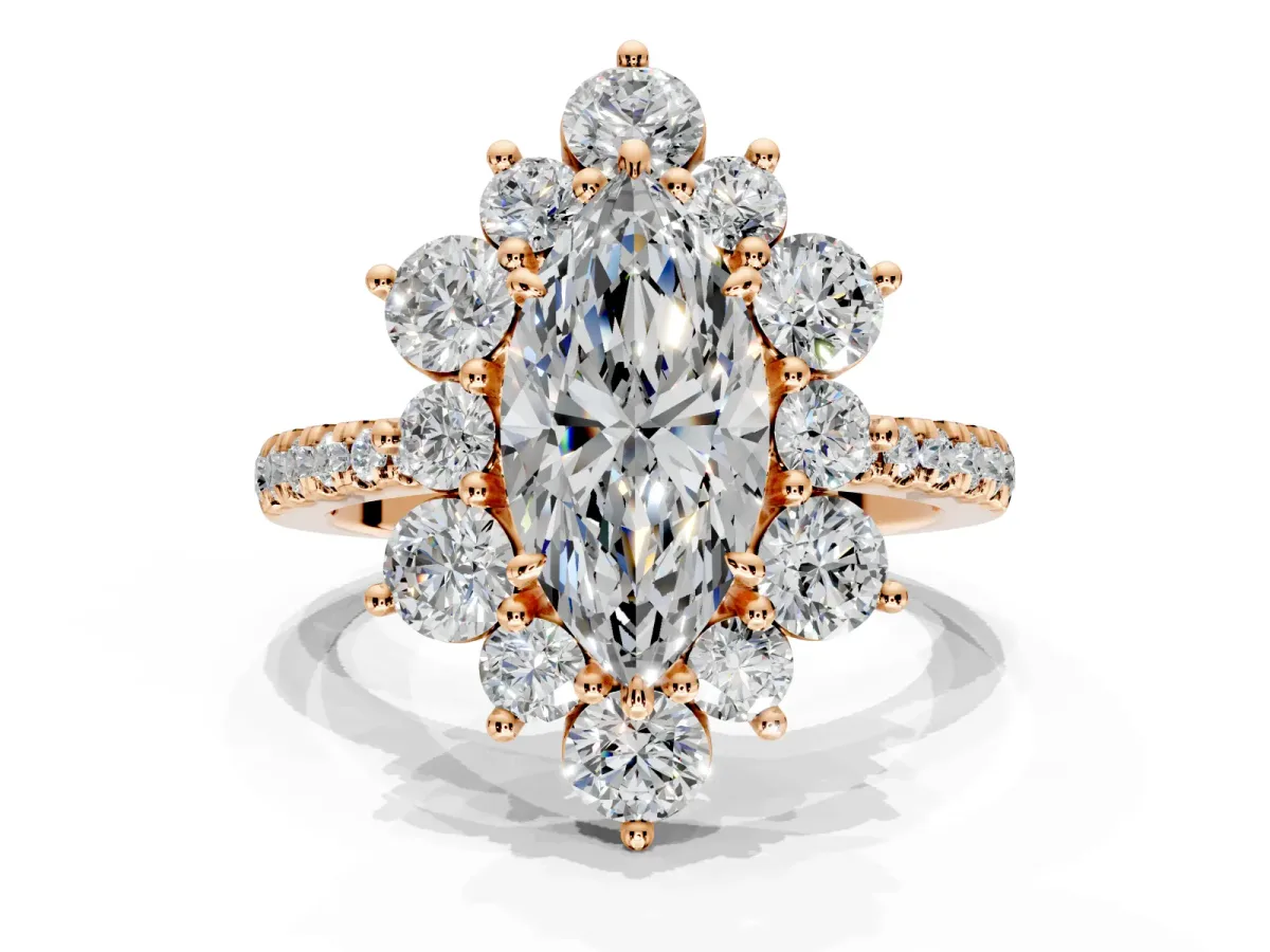 Floral Halo Engagement Ring Setting for Marquise Center with Pave Accents and Prong Head in Rose Gold