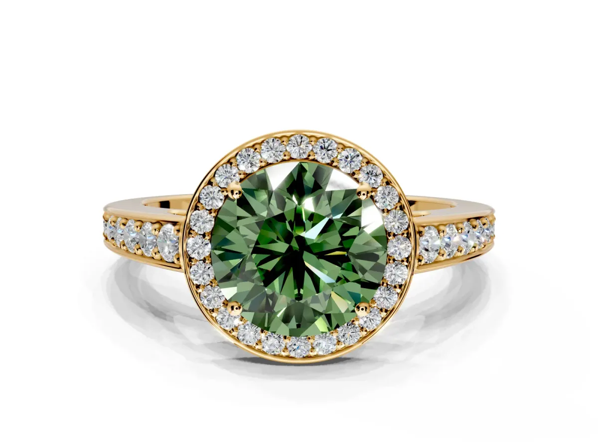 Bezel-Framed Halo Engagement Ring Setting for Fancy Green Round Cut Center with Pave Band and Prong Head in Yellow Gold