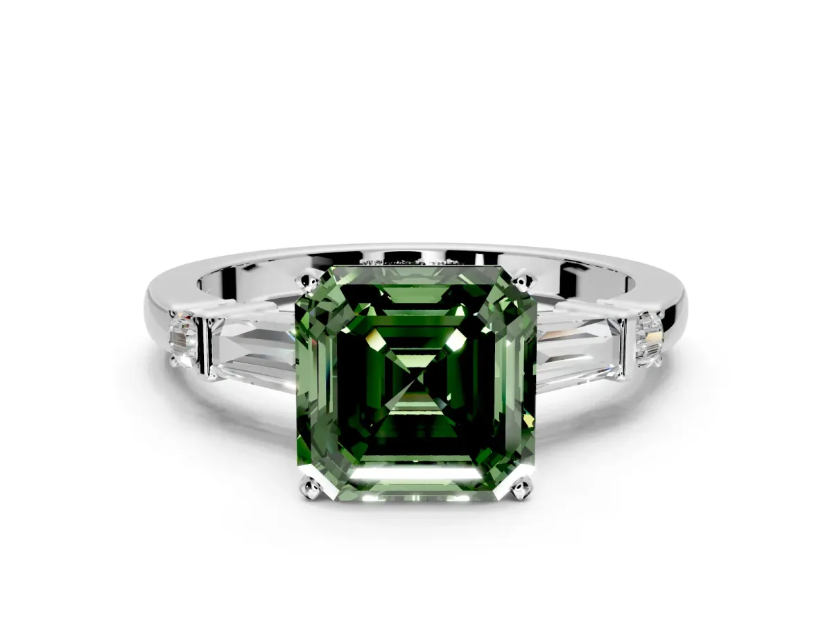 Bar-Set Engagement Ring Setting for Fancy Green Asscher Cut Center with Tapered Baguette Accents and Prong Head in White Gold