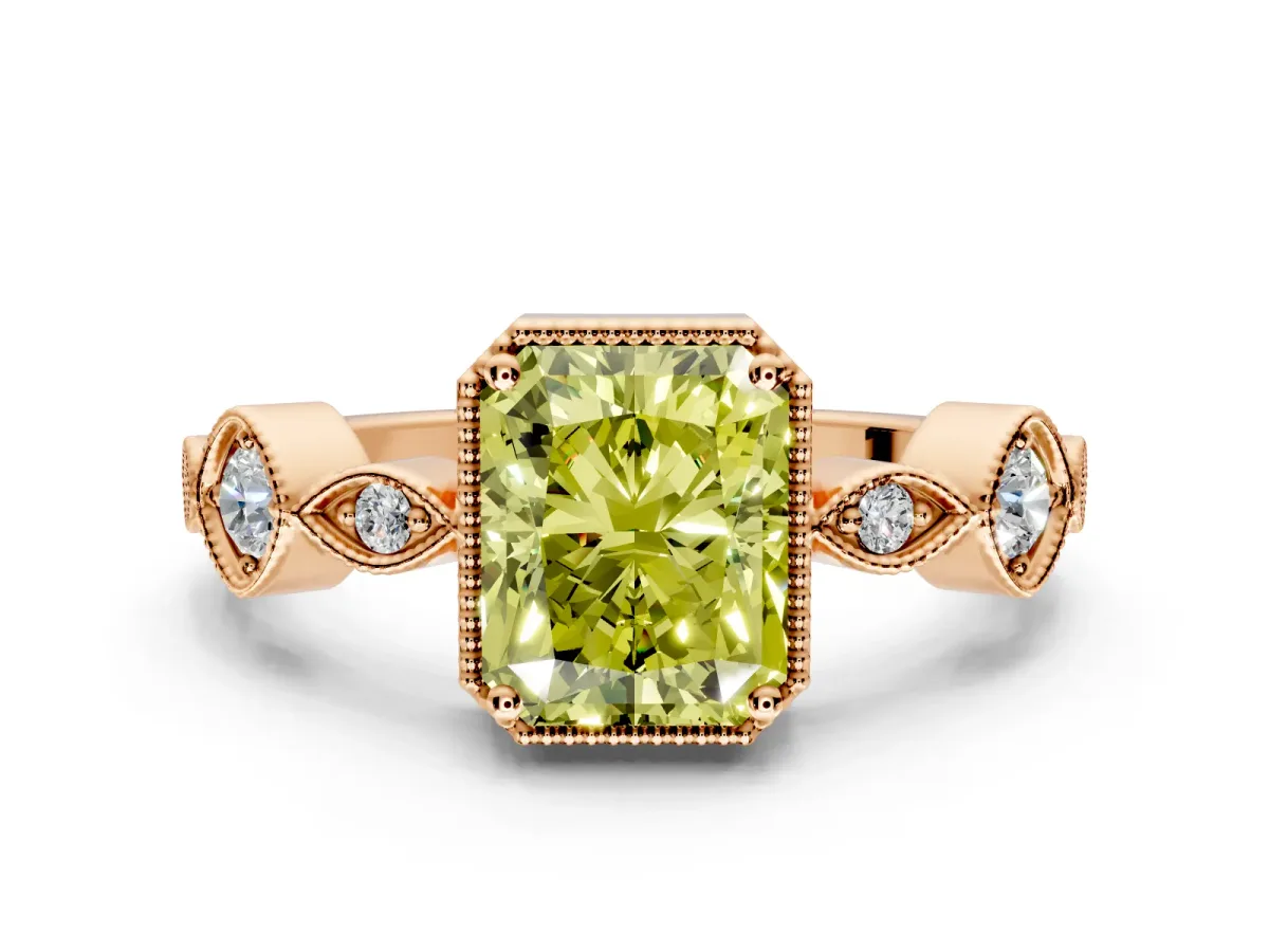 Vintage Station Engagement Ring Setting for Fancy Yellow Radiant Cut Center with Accents and Prong Head in Rose Gold