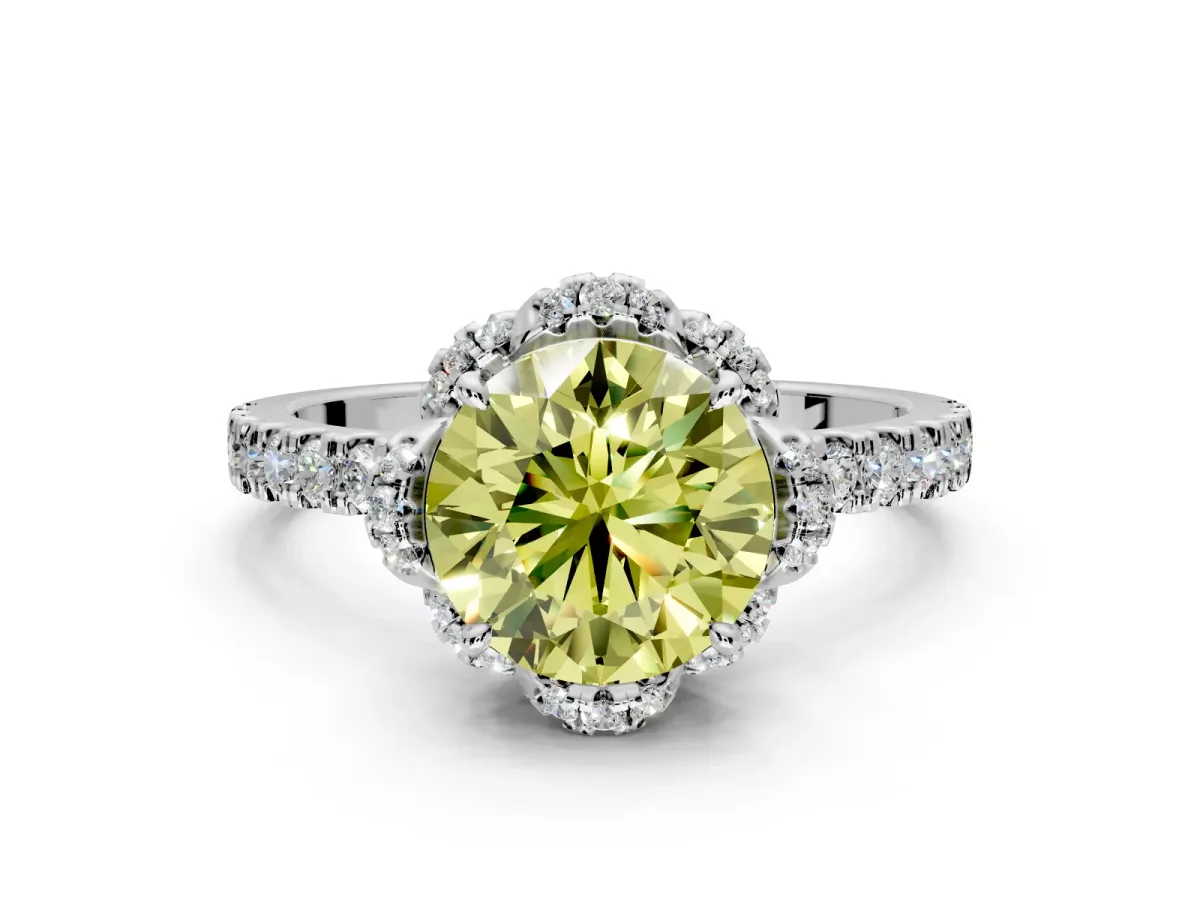 Halo Engagement Ring Setting for Fancy Yellow Round Cut Center with Openwork Halo, Pave Band and Prong Head in White Gold