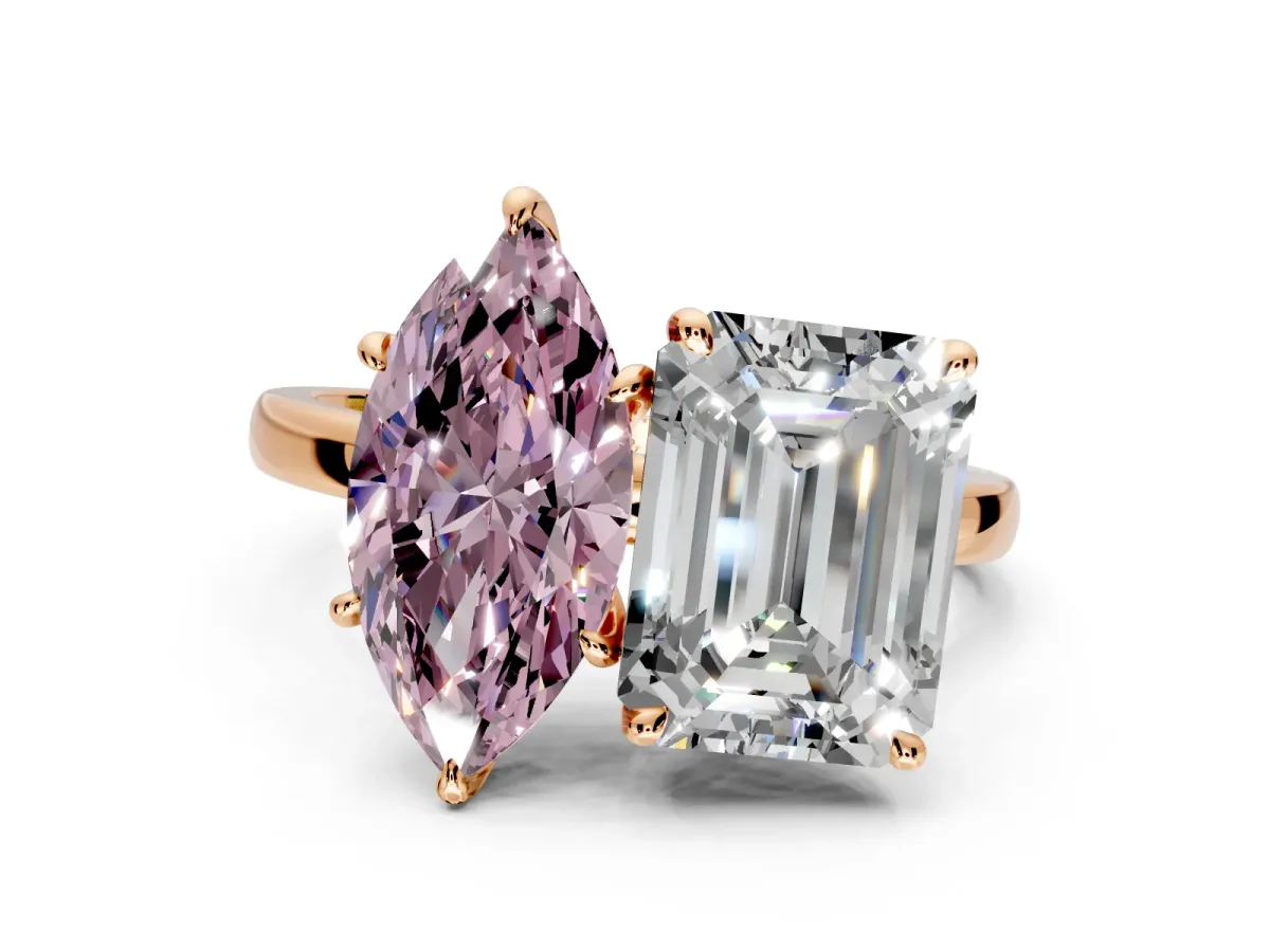 Fancy Pink Marquise and Emerald Cut Lab-Grown Diamond Toi et Moi Engagement Ring with Prong-Set Stones in Rose Gold