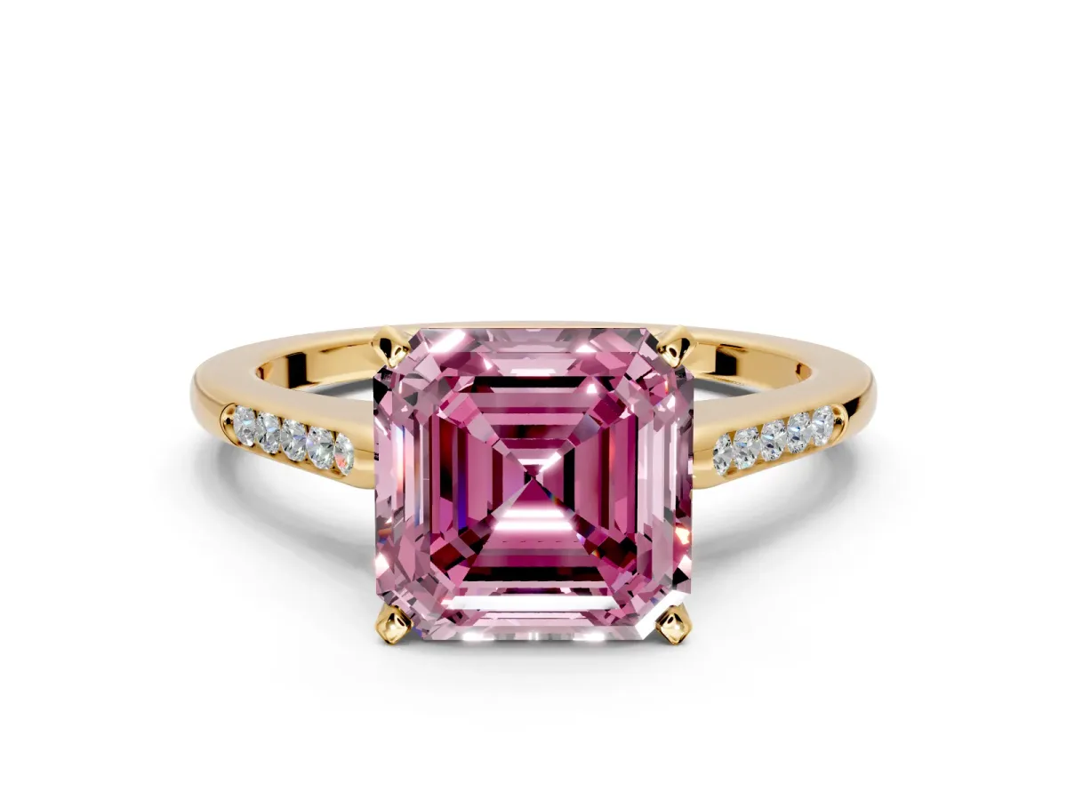 Solitaire Engagement Ring Setting for Fancy Pink Asscher Cut Center with Channel Accents and Prong Head in Yellow Gold