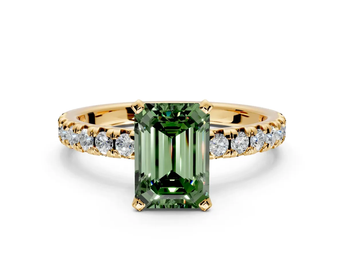 Solitaire Engagement Ring Setting for Fancy Green Emerald Cut Center with Large Accents and Prong Head in Yellow Gold