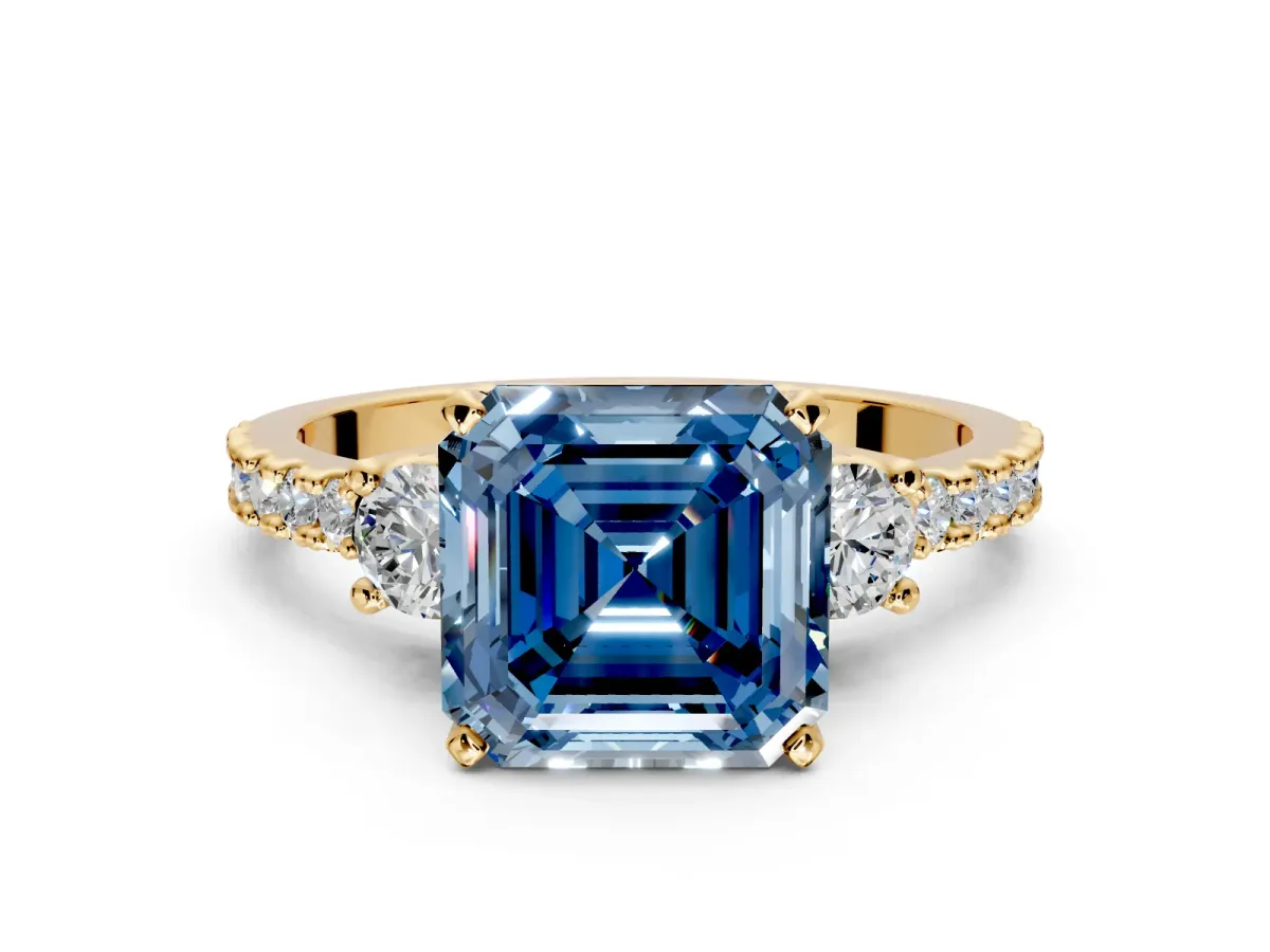 3 Stone Engagement Ring Setting for Fancy Blue Asscher Cut Center with Round Cut Side Accents and Prong Head in Yellow Gold